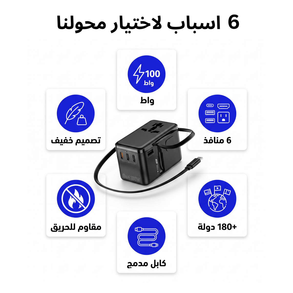 W100 محول السفر العالمي | Universal Travel Adapter — All-in-One, Fast Charging