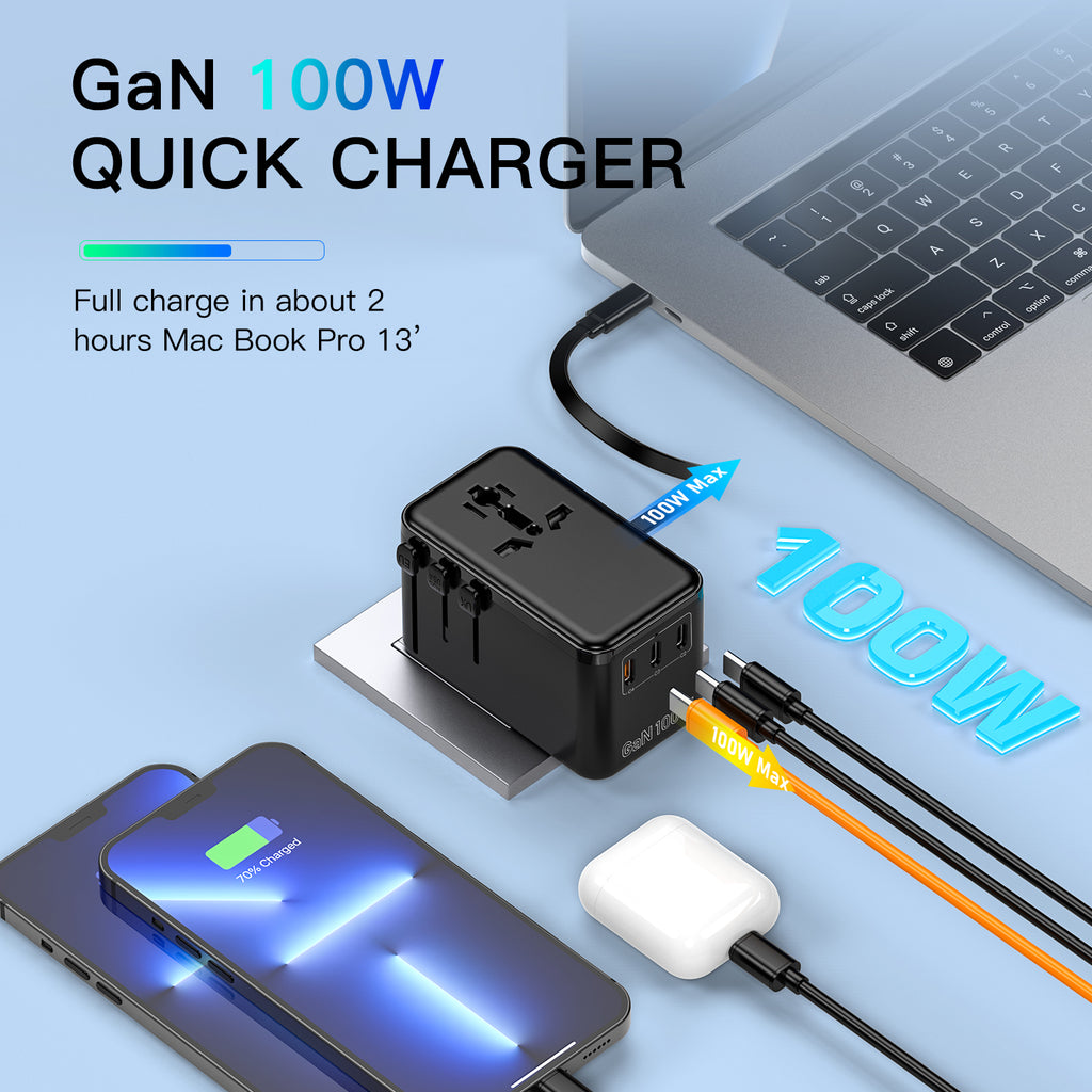 W100 محول السفر العالمي | Universal Travel Adapter — All-in-One, Fast Charging